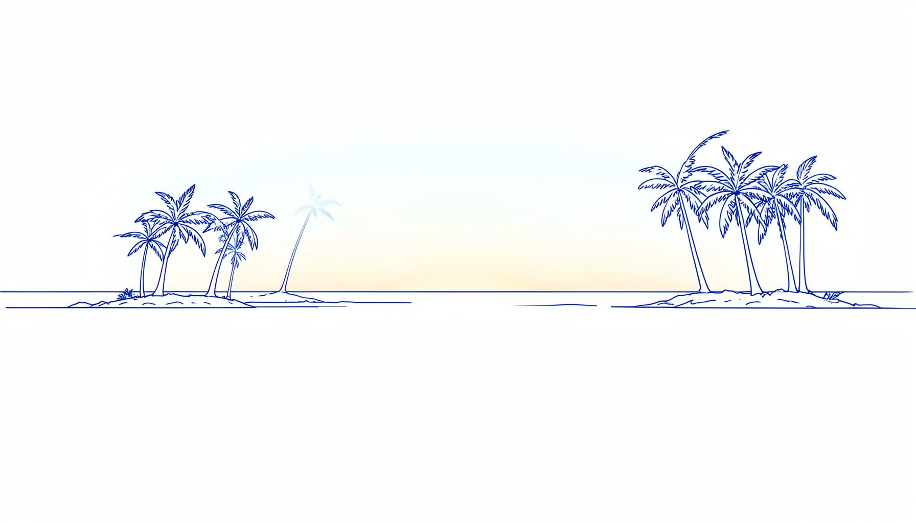 A simple line drawing of four palm-fringed islands stretching across a calm ocean horizon, with a gentle sunrise glow in soft blue and gold tones