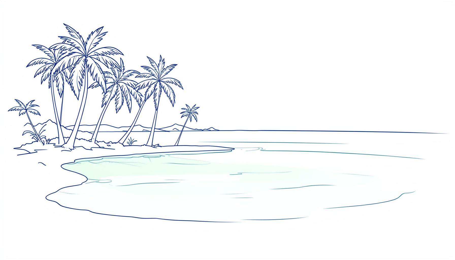 Simple line drawing of a tropical island coastline with palm trees and calm lagoon waters, rendered in muted blues and greens