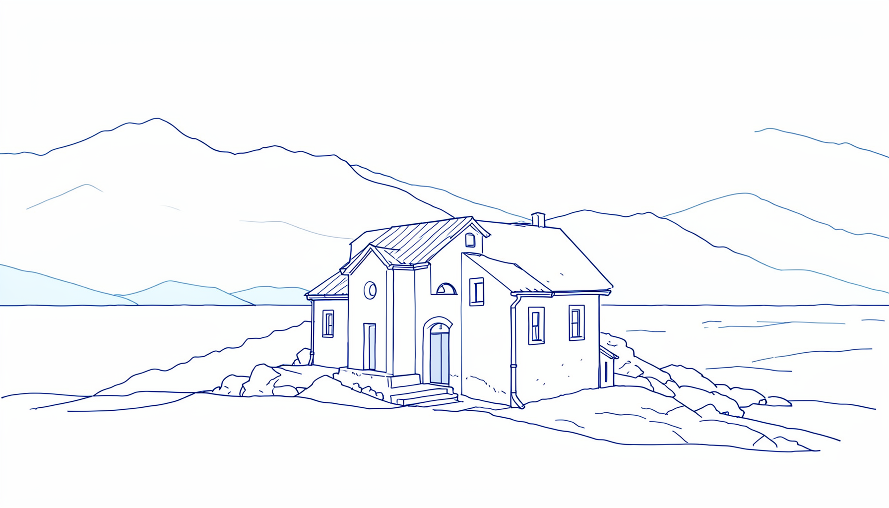 Simple line drawing of a coastal chapel with mountains behind, in soft blues and earth tones