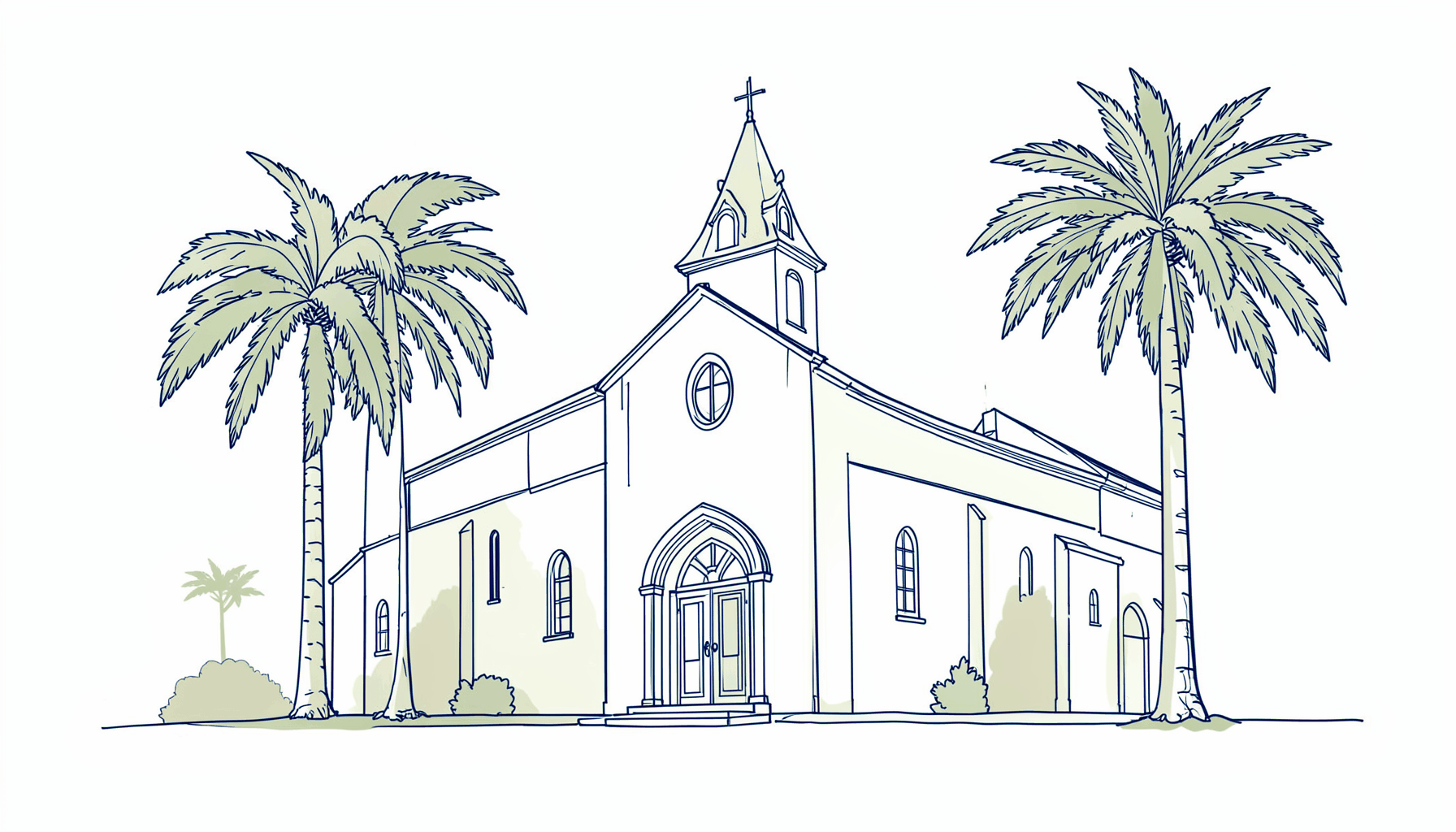 Simple line drawing of a church building with palm trees, in muted greens and sandy tones