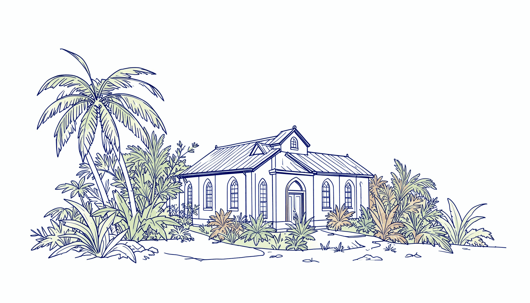 Simple line drawing of an island church surrounded by tropical foliage, in warm greens and browns