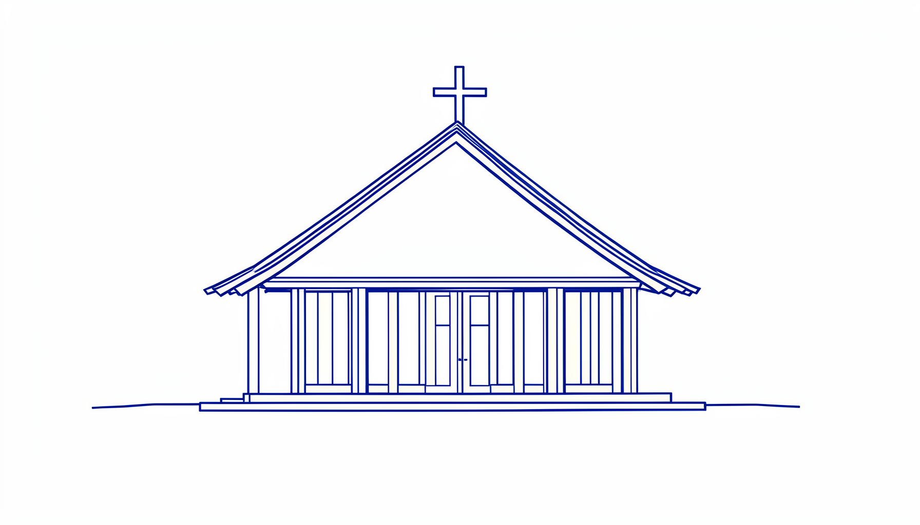 Simple line drawing of a traditional meeting house with cross, in deep blue and cream tones
