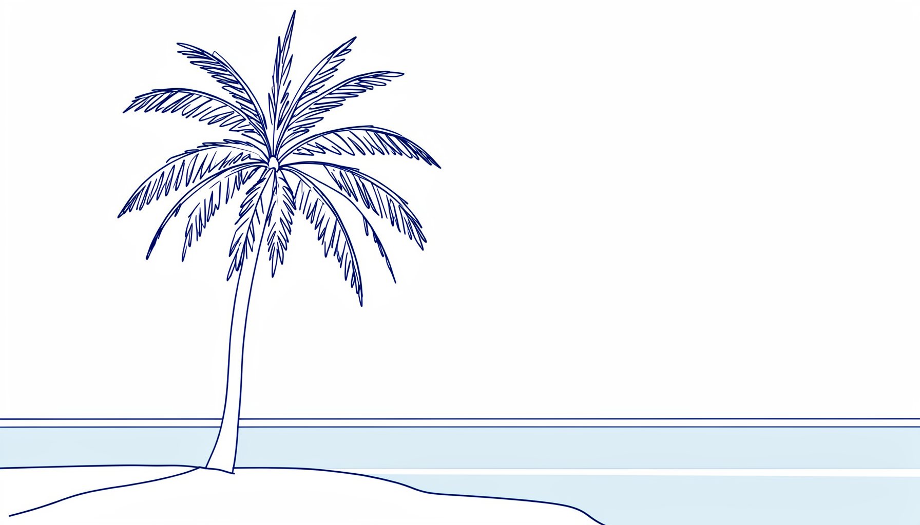 Simple line drawing of a palm tree silhouette against a calm ocean horizon, in muted navy and pale blue tones