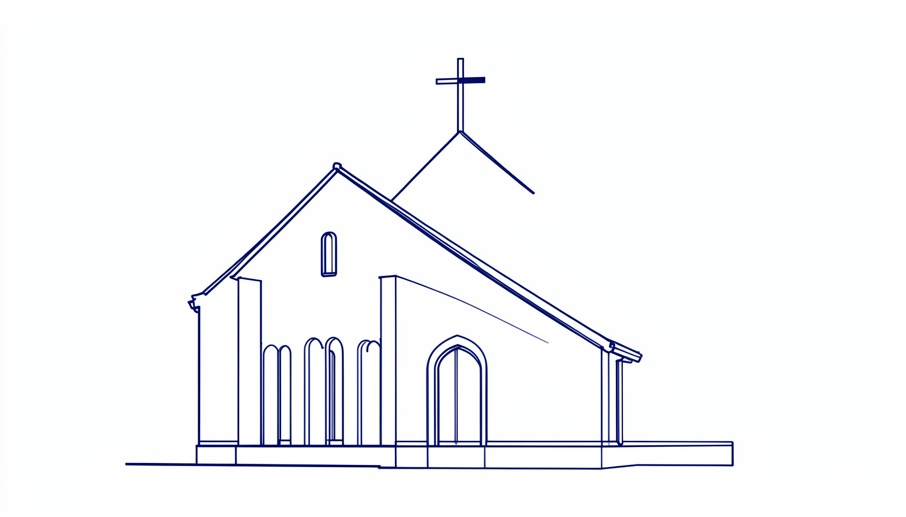 Minimal line drawing of a church building with a cross, navy on white