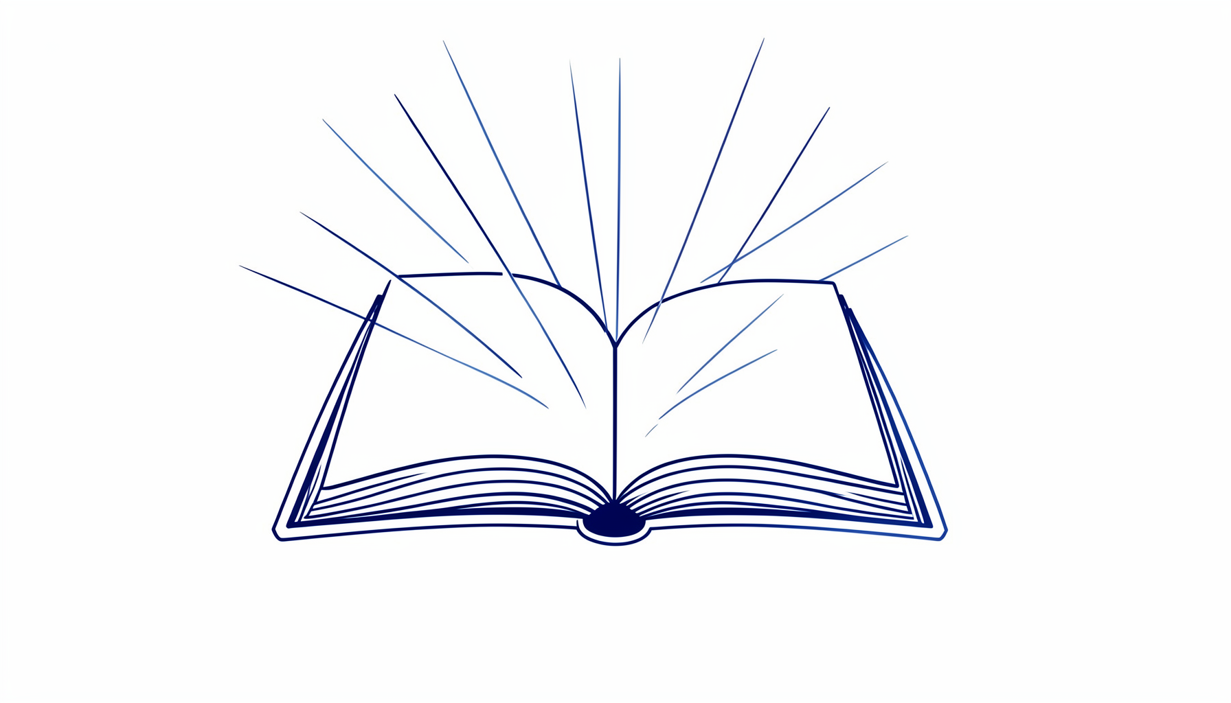 Simple line drawing of an open book with rays of light, in navy blue on pale blue